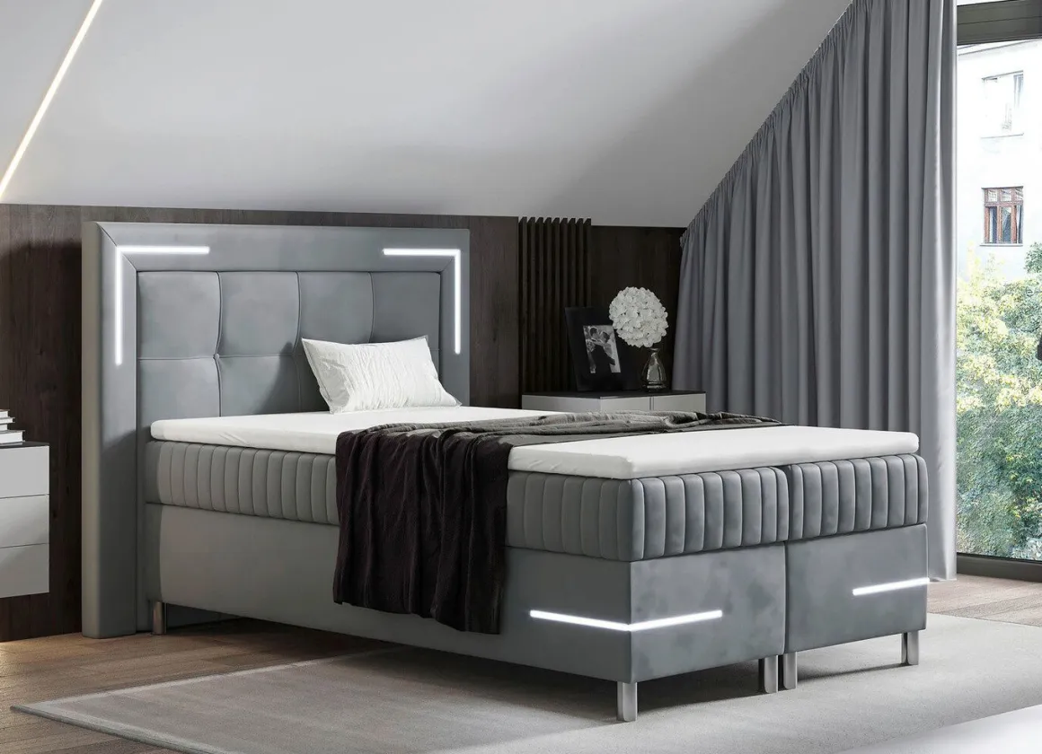 Boxspringbett mit LED-Beleuchtung und Topper
