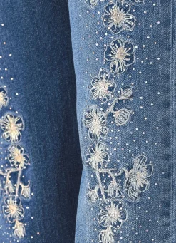 Edel-Jeans mit Stickerei-Applikationen und Glitzersteinchen