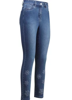 Jeans mit floralen Lochstickereien und Strasssteinchen
