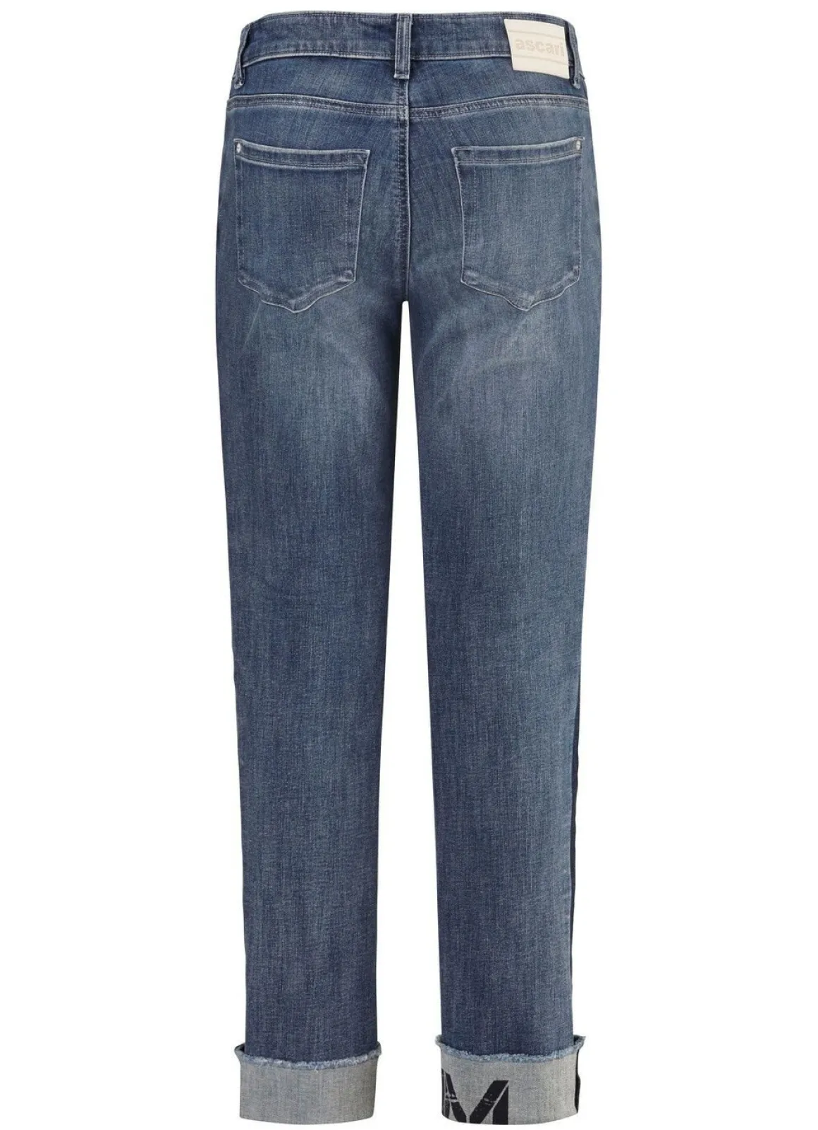 Jeans mit Fransensaum und Schriftzug auf einem Bein