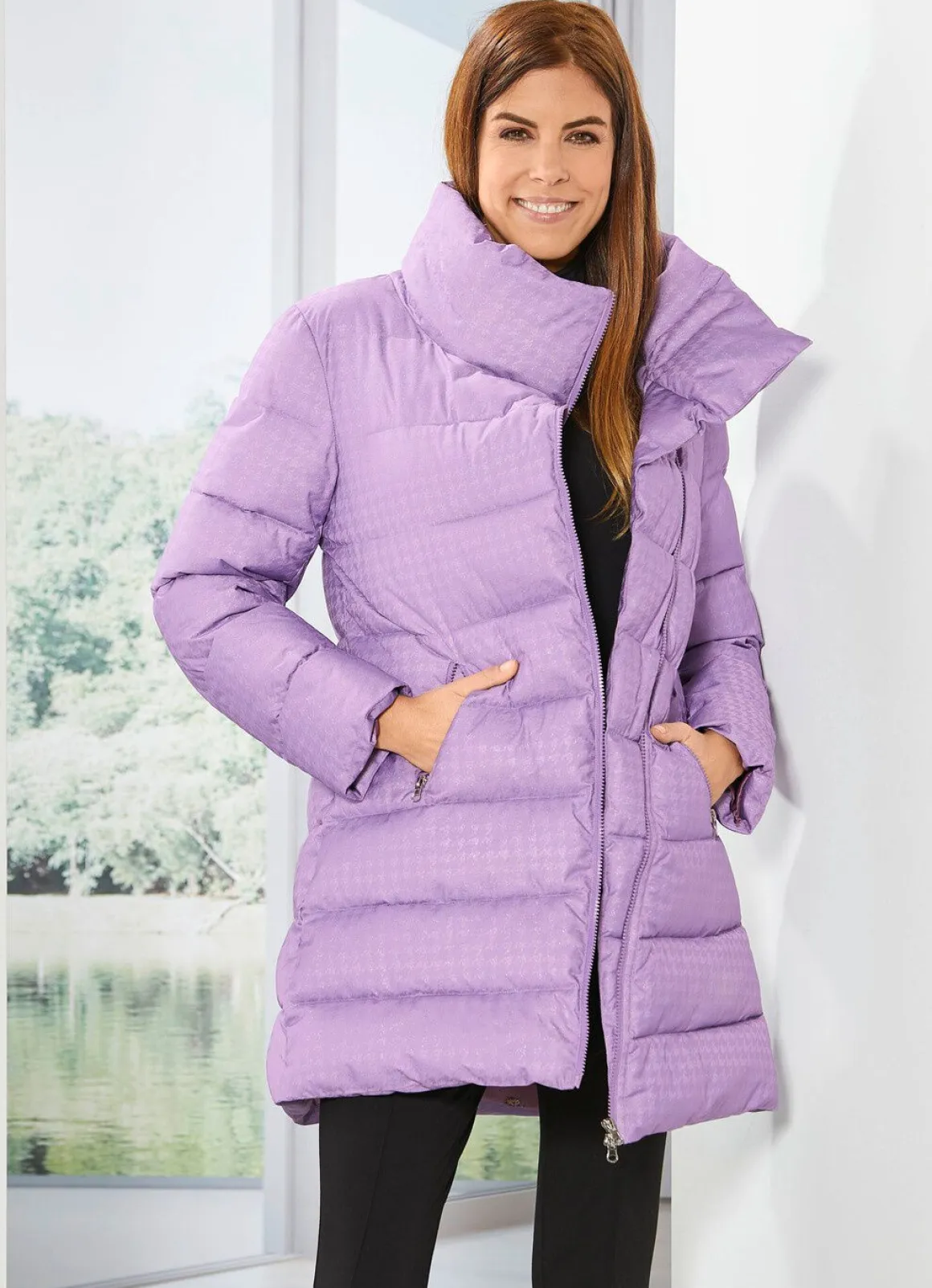 Longjacke mit dezent glänzendem Hahnentritt-Dessin