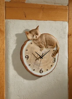 Wanduhr mit Katze in Baumscheibenoptik